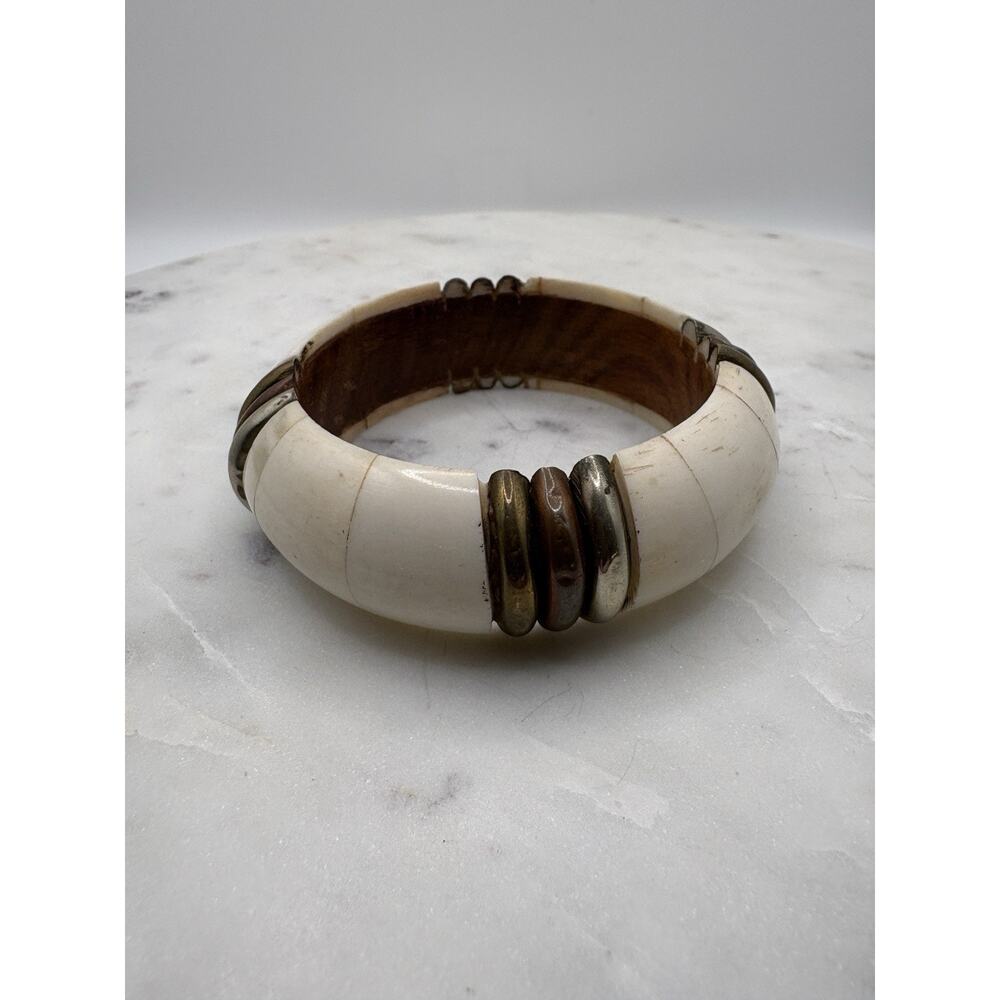 1970s VTG Camel Bone Brass Silver Copper Bangle Bracelet India Wide Tribal